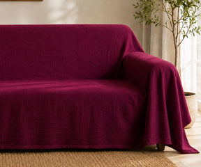 Burgundy cotton linen couch cover, washable sofa cover and furniture protector for elegant living room décor