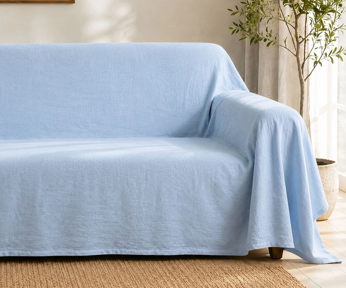 Light blue cotton linen couch cover, breathable washable sofa slipcover for coastal, relaxed and minimalist living room interiors
