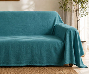 Teal cotton linen blend sofa slipcover, washable couch protector for adding color and everyday furniture protection to modern home interiors