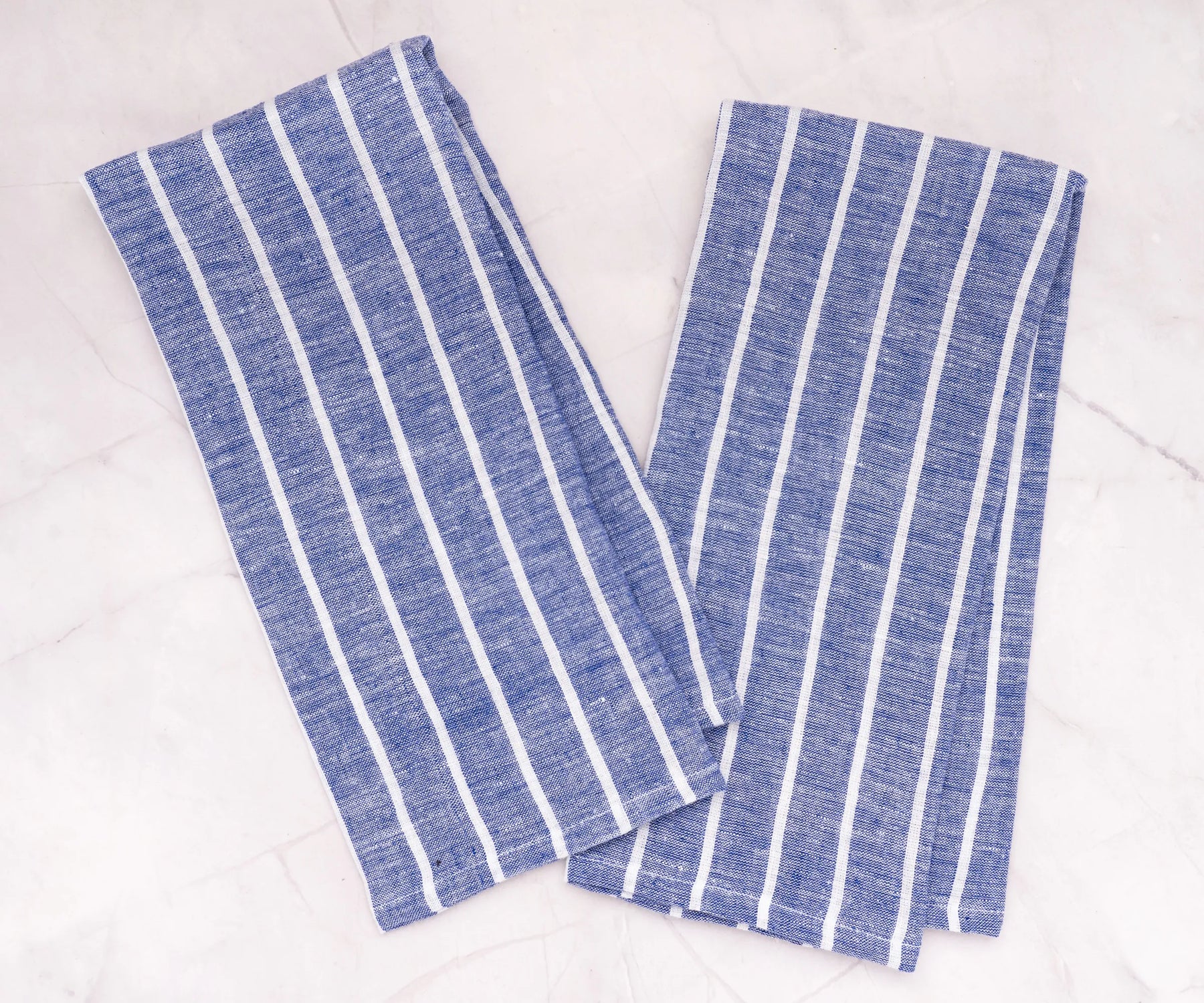 Pair of blue striped 100% linen towels, lightweight absorbent kitchen tea towels perfect for drying dishes and hands.