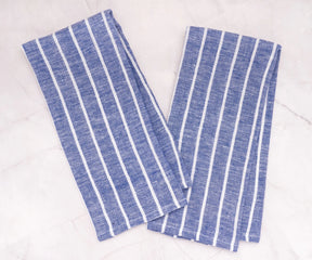 Pair of blue striped 100% linen towels, lightweight absorbent kitchen tea towels perfect for drying dishes and hands.
