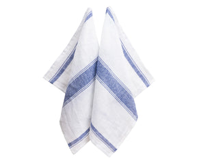 Classic blue stripe linen tea towels, 100% linen 18x28 hand towels perfect for drying dishes and everyday kitchen use.