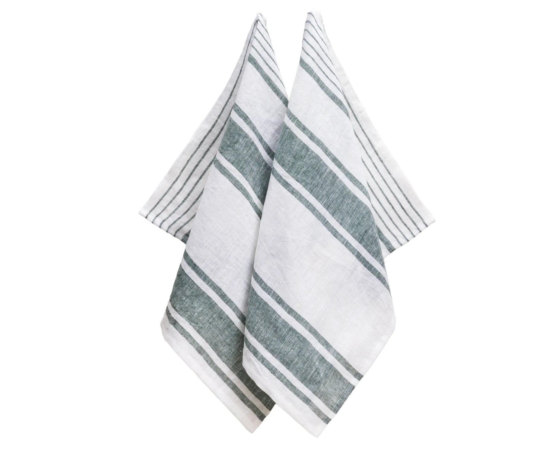 Classic green stripe linen hand towels, 100% linen tea towels perfect for drying dishes and everyday kitchen tasks.