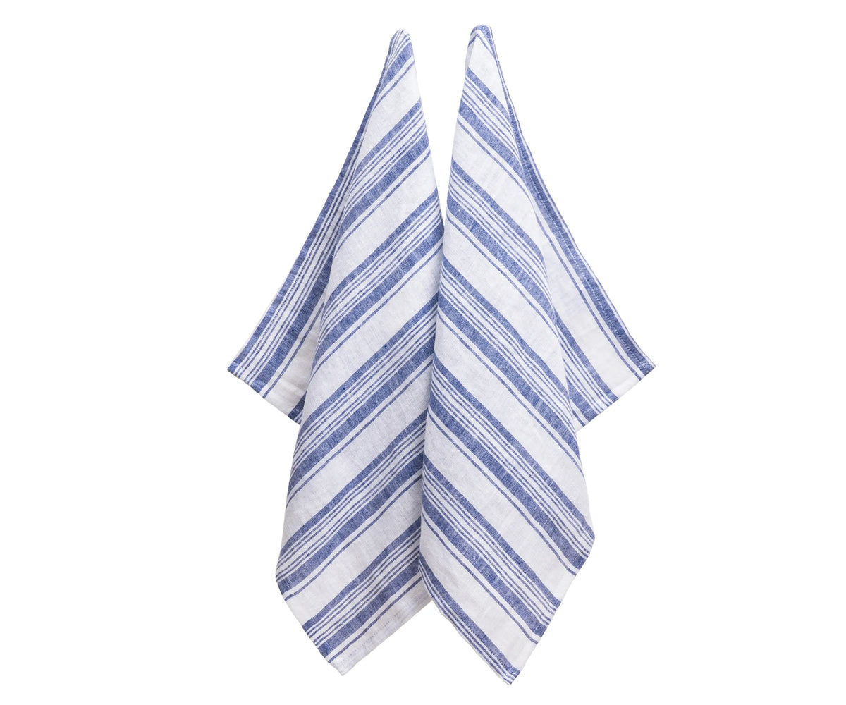 Classic blue stripe linen hand towels, 100% linen tea towels perfect for farmhouse and modern kitchen décor.