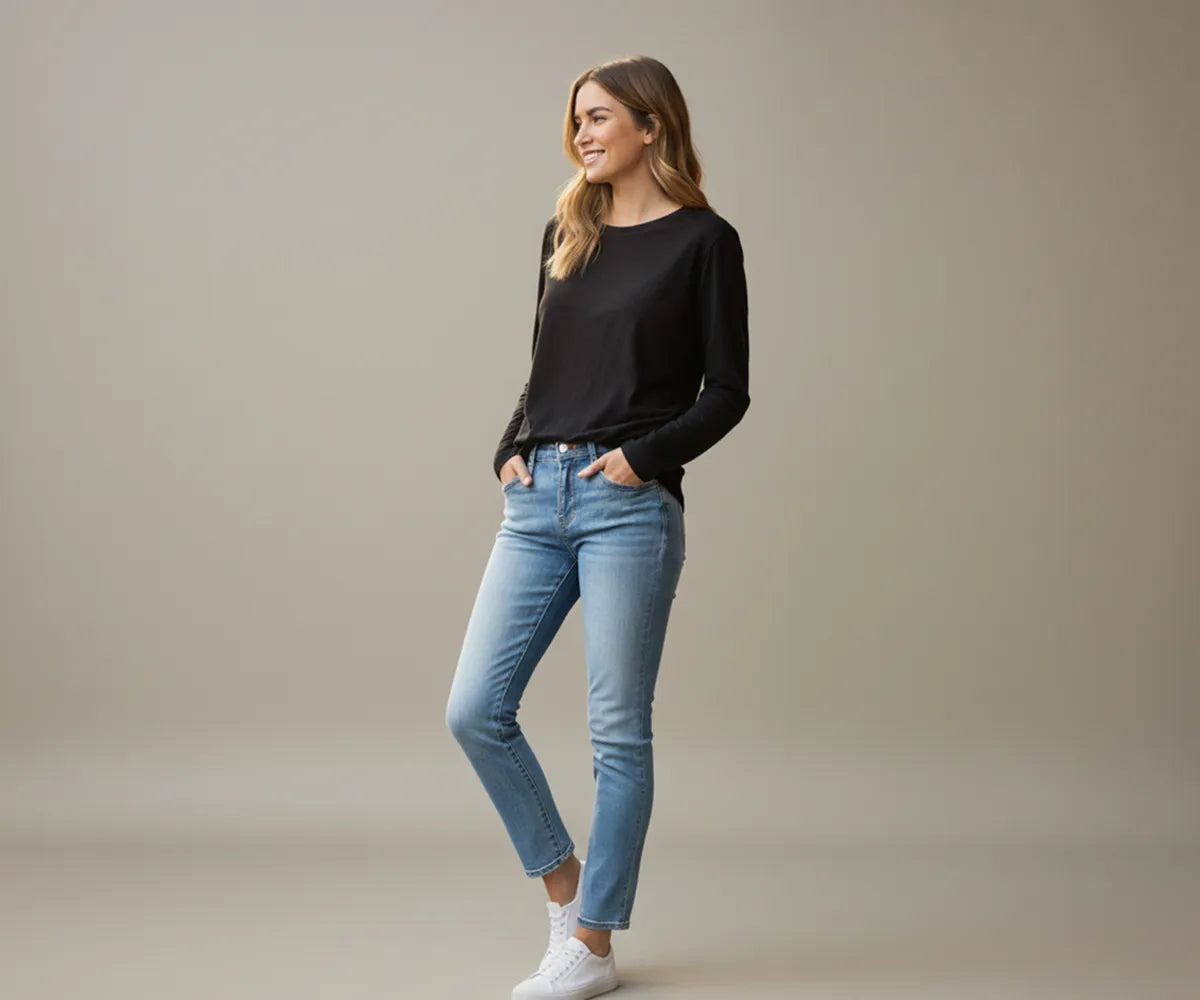 Women’s sustainable black long sleeve tee, 100% certified organic cotton – lightweight breathable top for layering or standalone style.