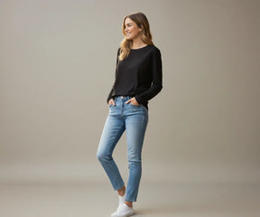 Women’s sustainable black long sleeve tee, 100% certified organic cotton – lightweight breathable top for layering or standalone style.