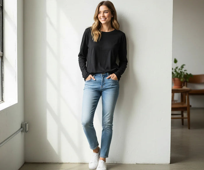 Women’s black long sleeve t-shirt made from 100% organic cotton – breathable, eco-friendly, and sustainably dyed for everyday wear.