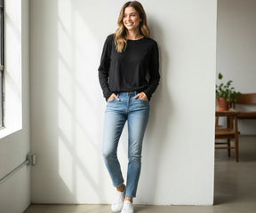 Women’s black long sleeve t-shirt made from 100% organic cotton – breathable, eco-friendly, and sustainably dyed for everyday wear.