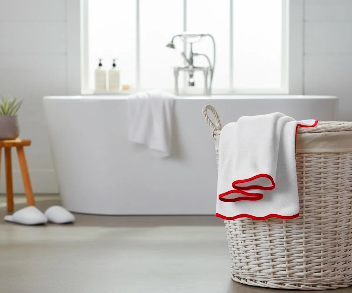 Luxury White Bath Towel with Red Trim – large 30x60 inch cotton towel offering superior softness, quick drying, and long-lasting quality; ideal for everyday bathing comfort and stylish bathroom décor.