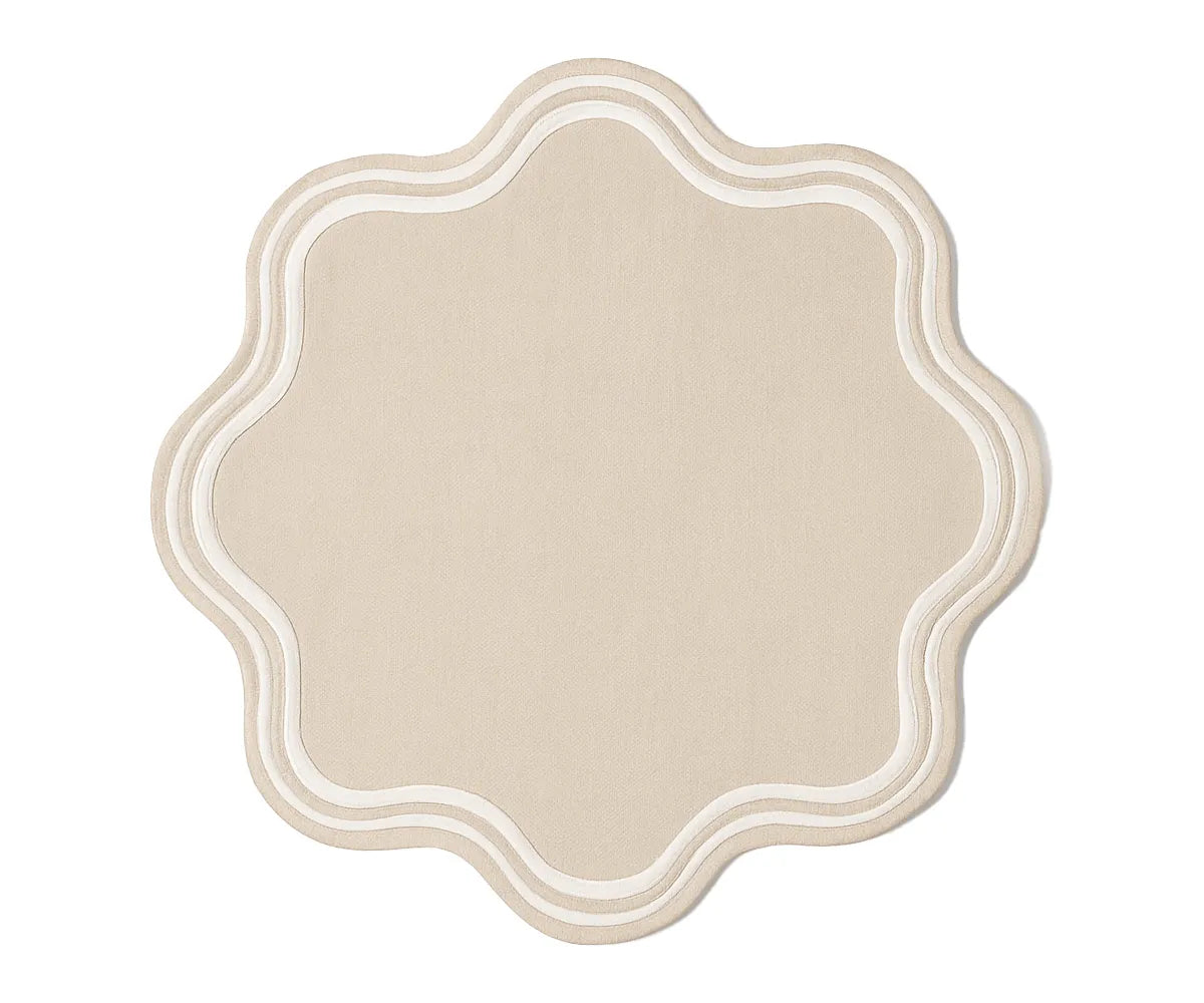 Set of beige round cotton placemats with scalloped edges – durable 15-inch and 17-inch table mats for dining, weddings, or everyday use.