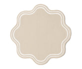 Set of beige round cotton placemats with scalloped edges – durable 15-inch and 17-inch table mats for dining, weddings, or everyday use.
