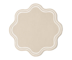 Set of beige round cotton placemats with scalloped edges – durable 15-inch and 17-inch table mats for dining, weddings, or everyday use.