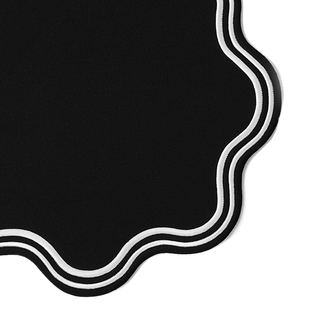 Elegant black scalloped placemats, round cotton design – reusable and durable table décor available in multiple set options for home or events.
