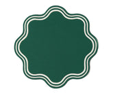 Green round cotton placemats with scalloped edges – durable, reusable table mats offered in bulk sets for casual meals or festive gatherings.