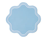 Sky blue cotton placemats with scalloped edges, round table mats for dining and events