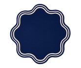Navy blue round cotton placemats with scalloped edges – stylish and washable table mats available in bulk sets for dining or events.