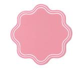 Pink round cotton placemats with scalloped edges – soft, reusable table mats available in bulk sets for weddings, parties, or everyday dining.