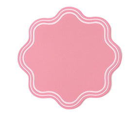Pink round cotton placemats with scalloped edges – soft, reusable table mats available in bulk sets for weddings, parties, or everyday dining.