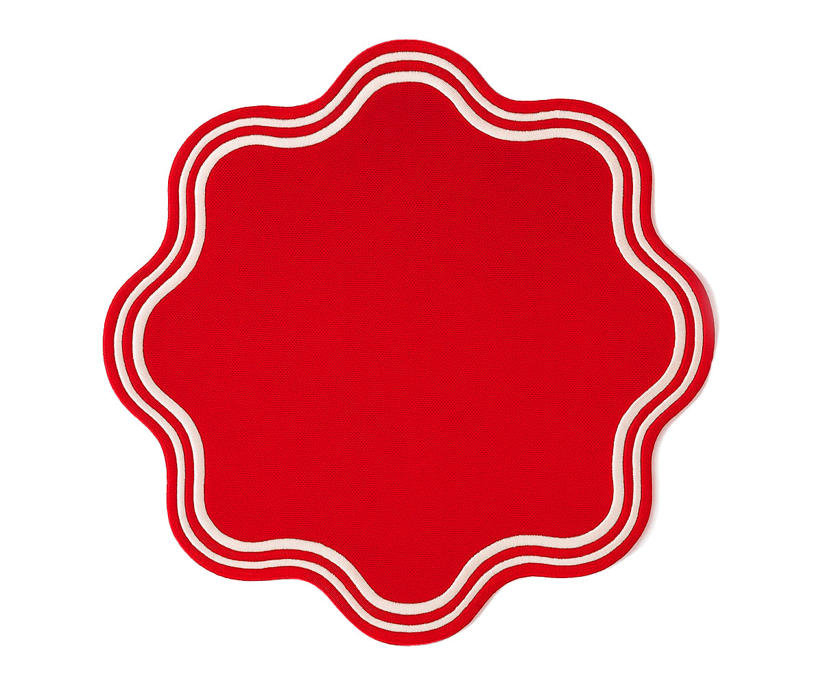 Red round cotton placemats with scalloped edges – durable, washable table mats offered in bulk sets for festive dinners, parties, or everyday meals.