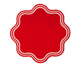 Red round cotton placemats with scalloped edges – durable, washable table mats offered in bulk sets for festive dinners, parties, or everyday meals.