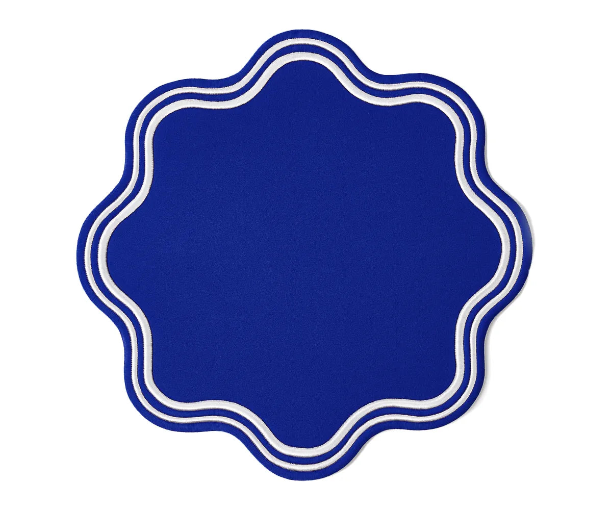 Royal blue cotton placemats with round scalloped edges, elegant dining table mats