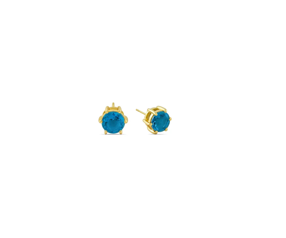 Pair of gold earring studs for women featuring aquamarine birthstone set in 14kt yellow gold with secure push-back lock