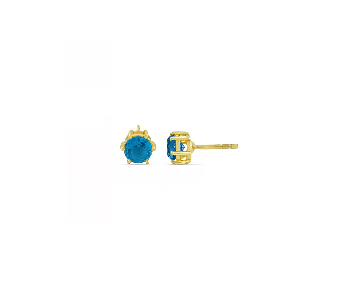 Close-up of aquamarine stud earrings with 14K gold plating and 5mm round gemstone – elegant birthstone jewelry for women