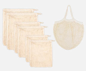 A collection of six string bags with sturdy handles alongside a tote bag