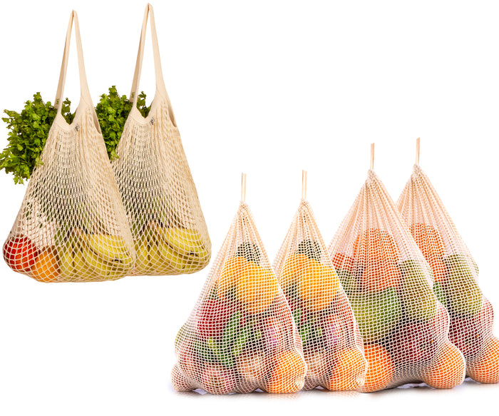 Set of mesh and string bags reusable cotton grocery and storage bags