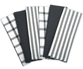Gray and White Cotton Kitchen Towels – Set of 6, Soft & Absorbent, 16" x 27".