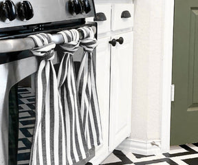 cotton dish towels, kitchen Assorted hand towels with black and white designs in a kitchen settingdish towels, rustic kitchen towels, farmhouse towels
