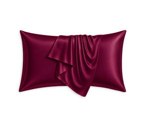 Burgundy mulberry silk pillowcases crafted from 100% pure silk, offering a rich elegant color, friction-free surface, and temperature-regulating comfort for healthy hair, glowing skin
