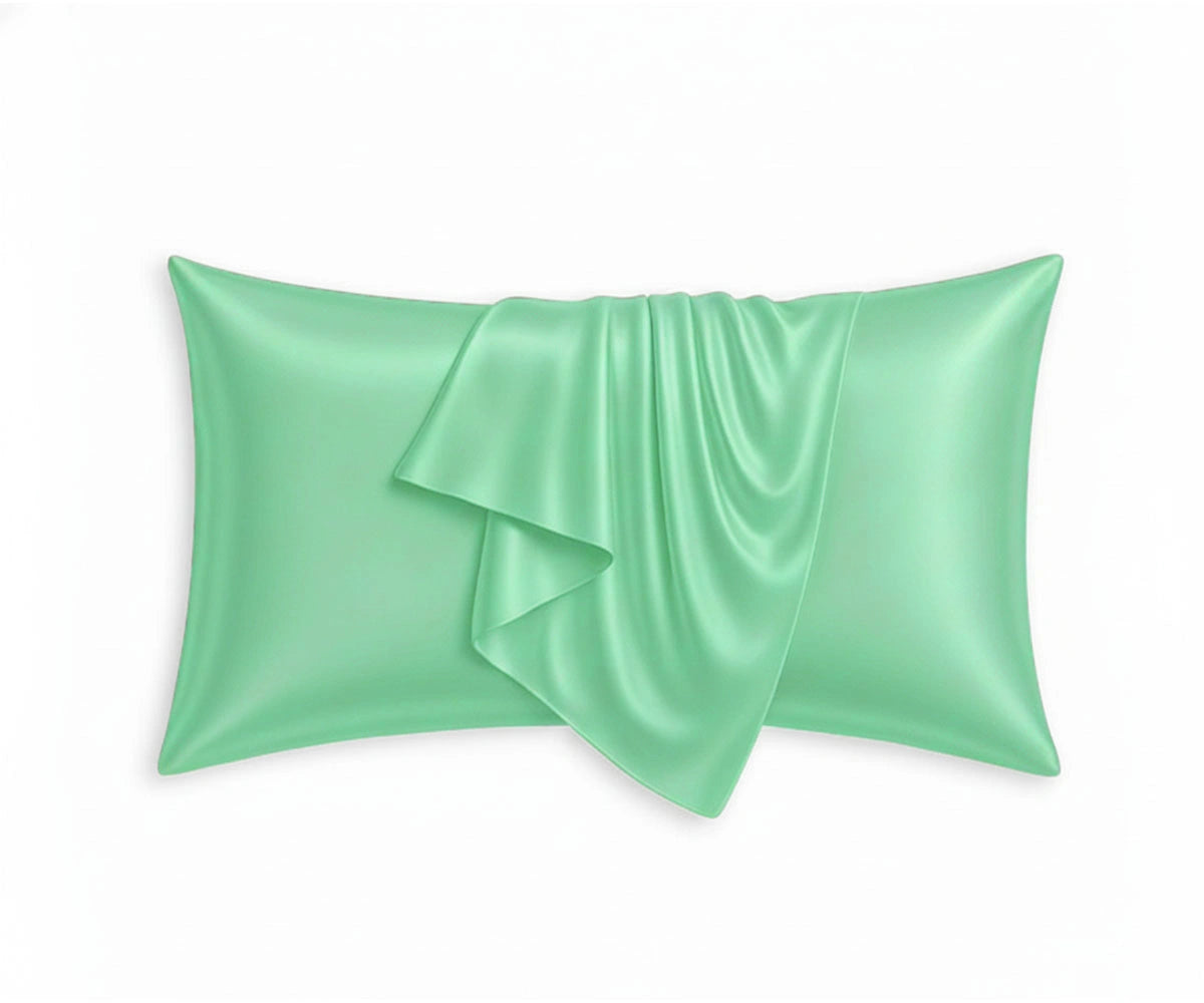 Eucalyptus green mulberry silk pillowcase with natural sheen, luxury silk bedding accessory