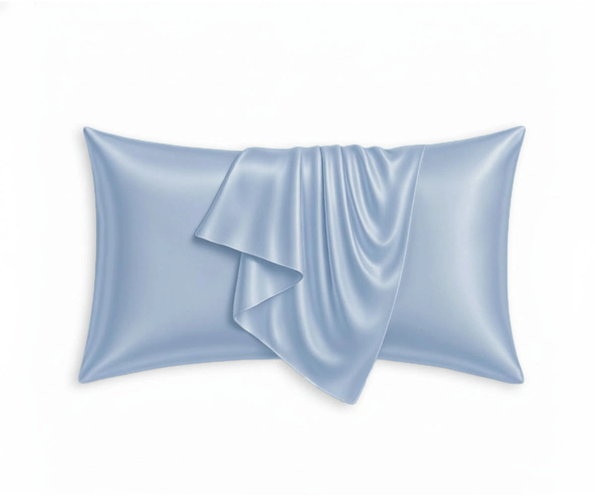 Light blue mulberry silk pillowcase with glossy finish, breathable silk pillowcase for sleep