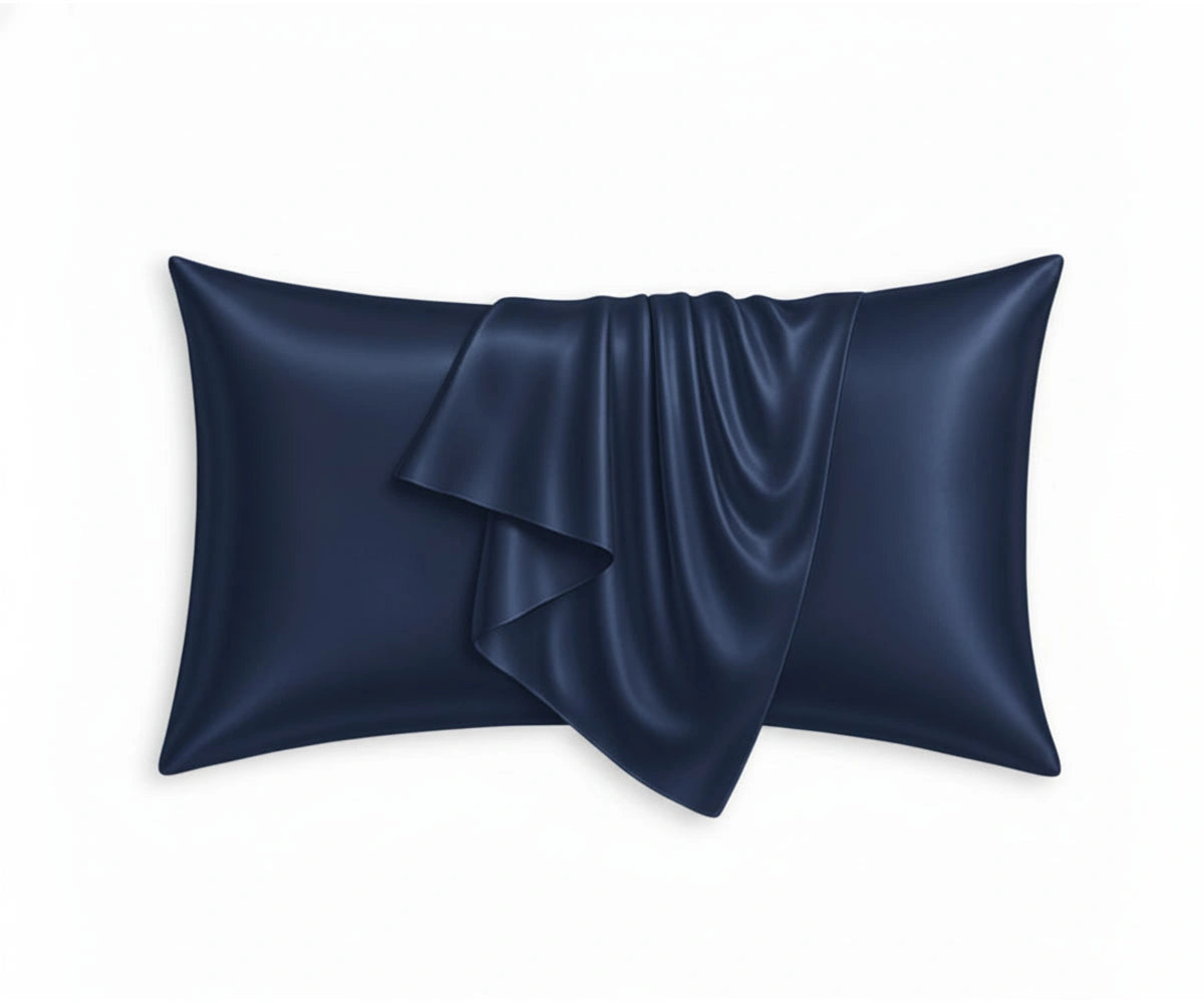 Navy blue mulberry silk pillowcase with deep color and shine, luxury silk pillowcase