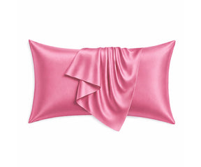 Pink mulberry silk pillowcases made from 100% pure mulberry silk, featuring a smooth sateen finish that helps reduce hair frizz, prevent sleep creases, cooling comfort.