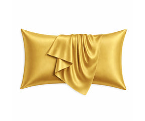 Mustard mulberry silk pillowcases with a warm golden tone, crafted from 100% pure silk with a smooth, glossy finish for breathable, luxurious comfort.