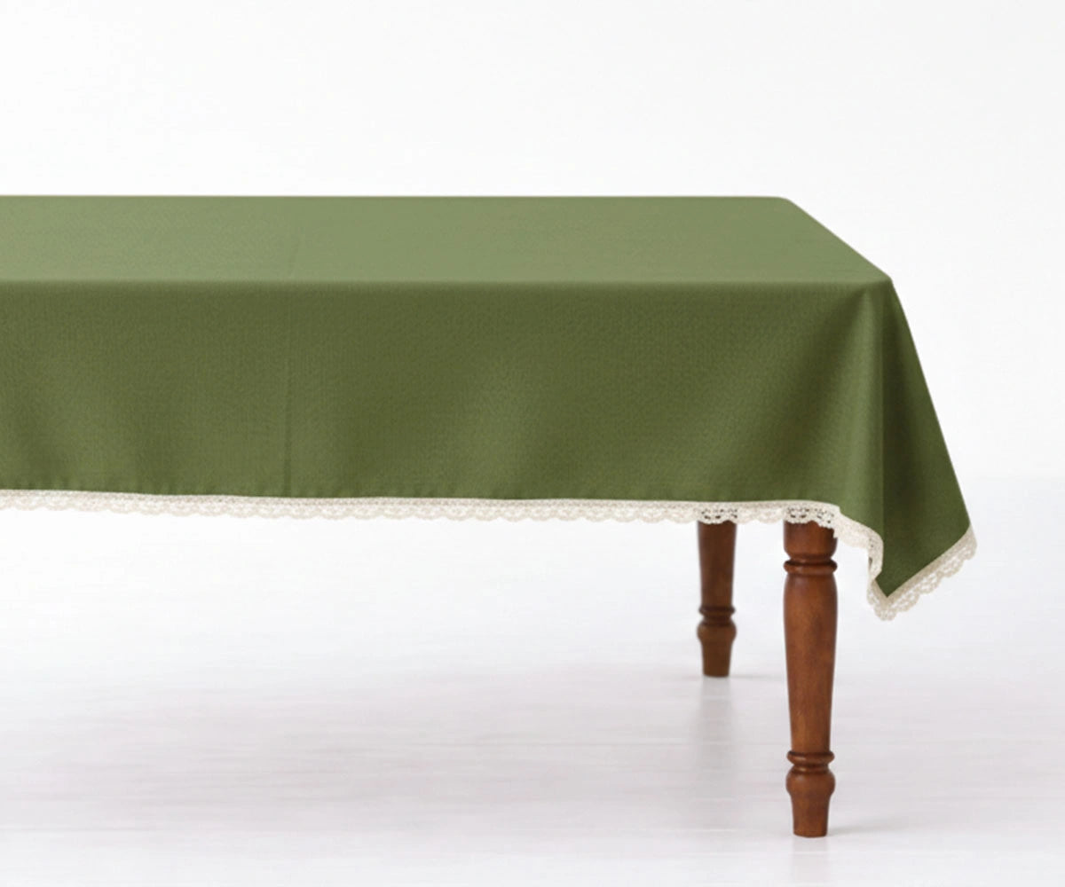 Olive green cotton tablecloth with lace trim