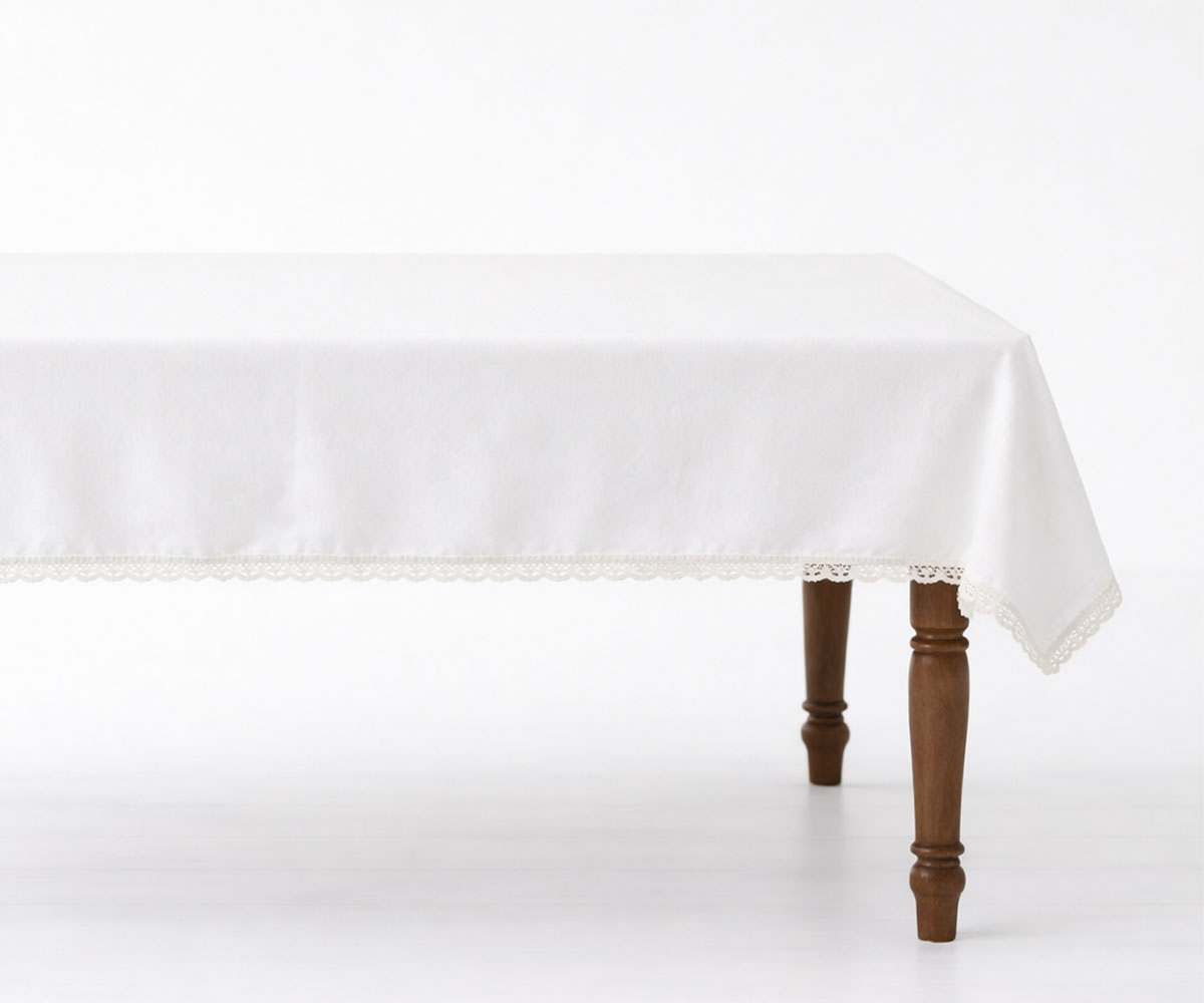 White cotton tablecloth with lace edge