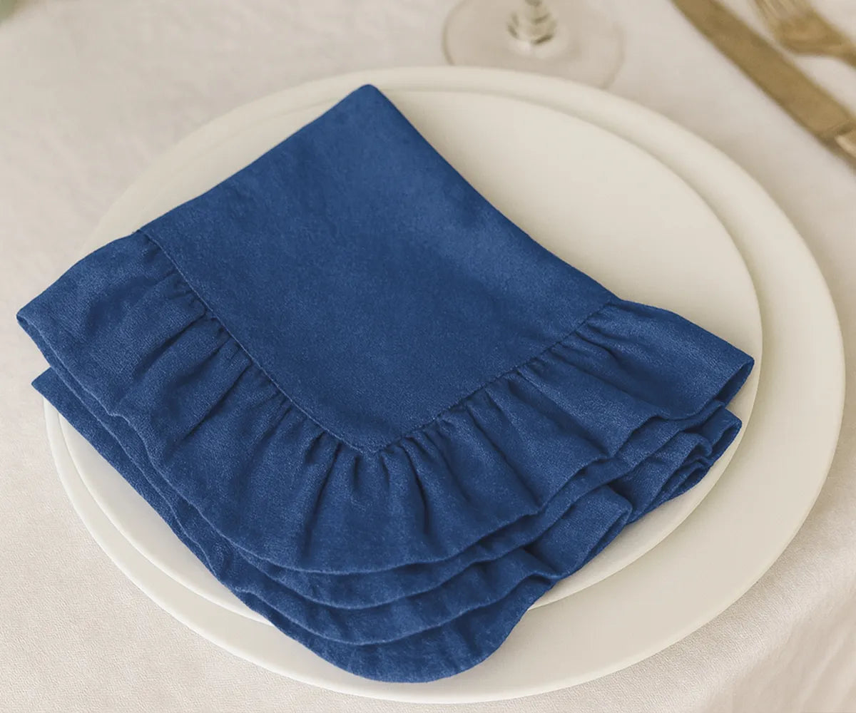 Set of 100% cotton navy blue ruffled cloth napkins, soft and washable fabric napkins available in multiple sizes, perfect for rustic farmhouse, modern, or elegant table settings.