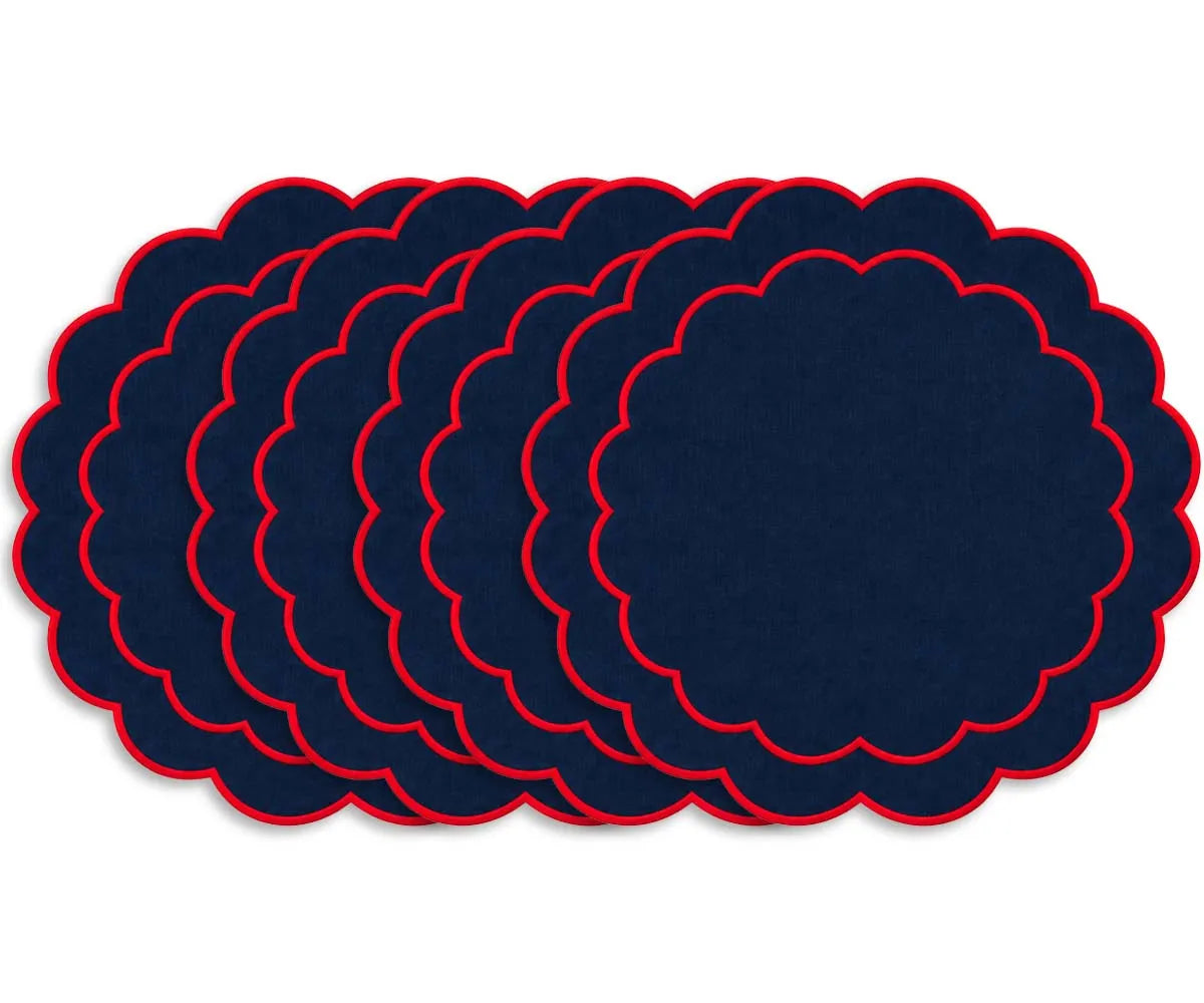 Decorative cotton table placemat with a round shape, scalloped edge, and embroidery for dining and festive entertaining
