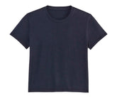 A navy blue crew neck t-shirt displayed on a white background.