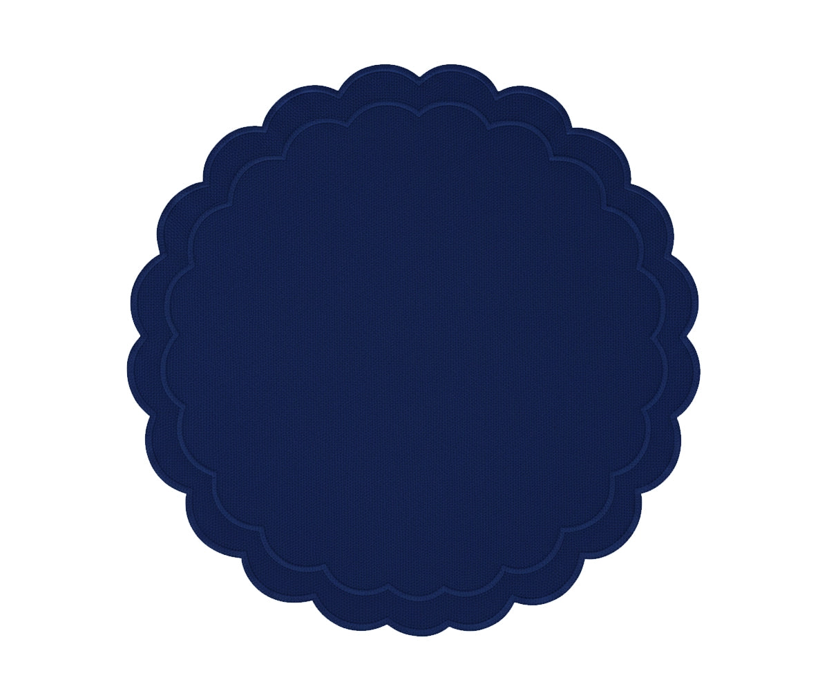 Elegant navy blue scalloped edge placemats in round design with embroidery. Perfect cotton dining table mats for everyday meals, weddings, and holiday décor.