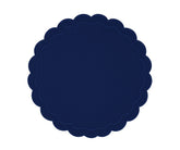 Elegant navy blue scalloped edge placemats in round design with embroidery. Perfect cotton dining table mats for everyday meals, weddings, and holiday décor.