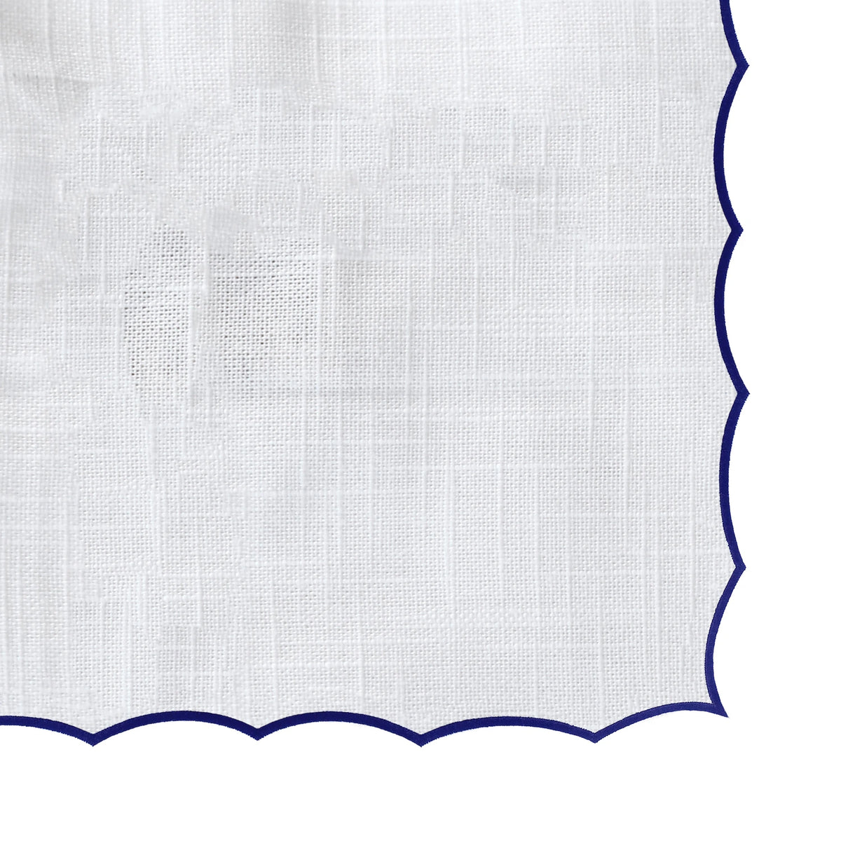 Navy blue and white cloth tablecloth with scalloped edge design, perfect for dining, banquets, and everyday use.