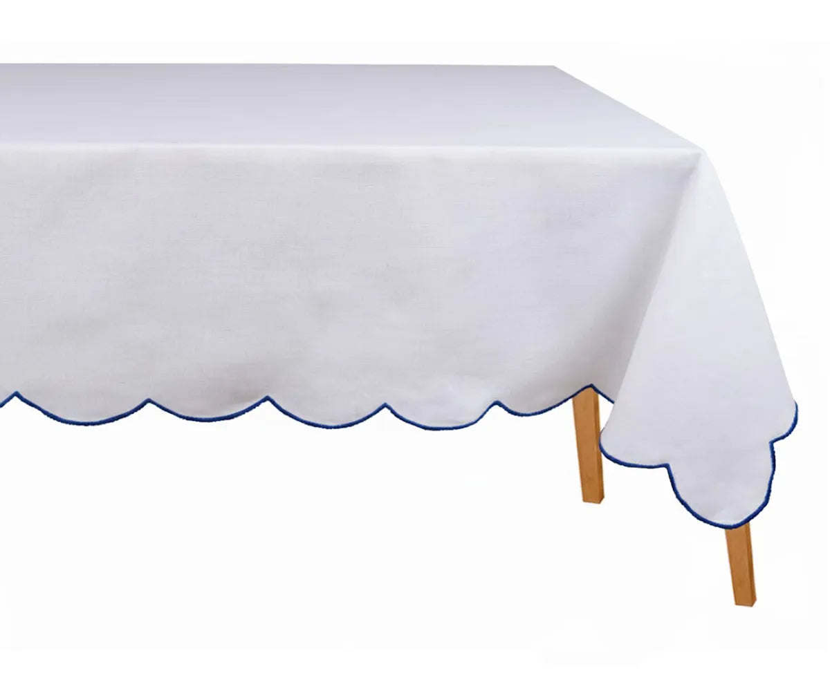 Luxury white cotton tablecloth with navy blue scalloped embroidery — sophisticated and durable embroidered table linen for elegant dining, weddings, and festive gatherings. Premium cotton rectangle tablecloth.