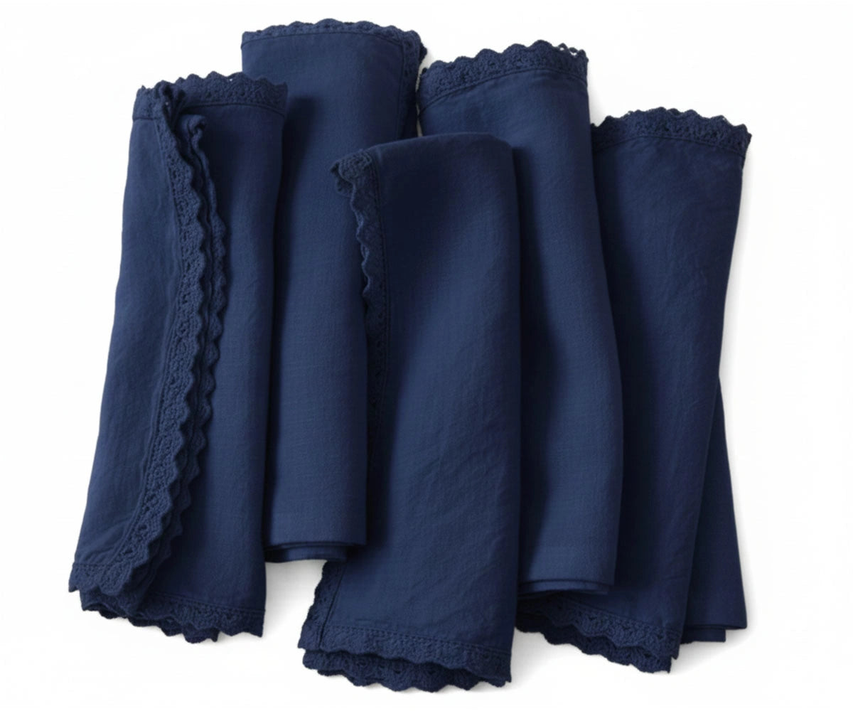 navy blue linen crochet napkins set with scalloped edges