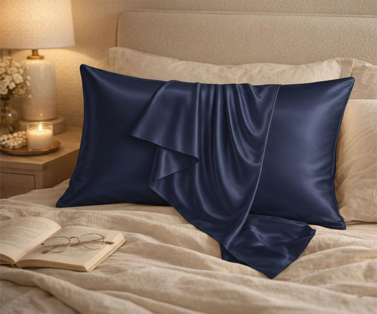 Navy blue 100% Mulberry silk pillowcase set, premium silk pillow cover for beauty sleep and hair protection