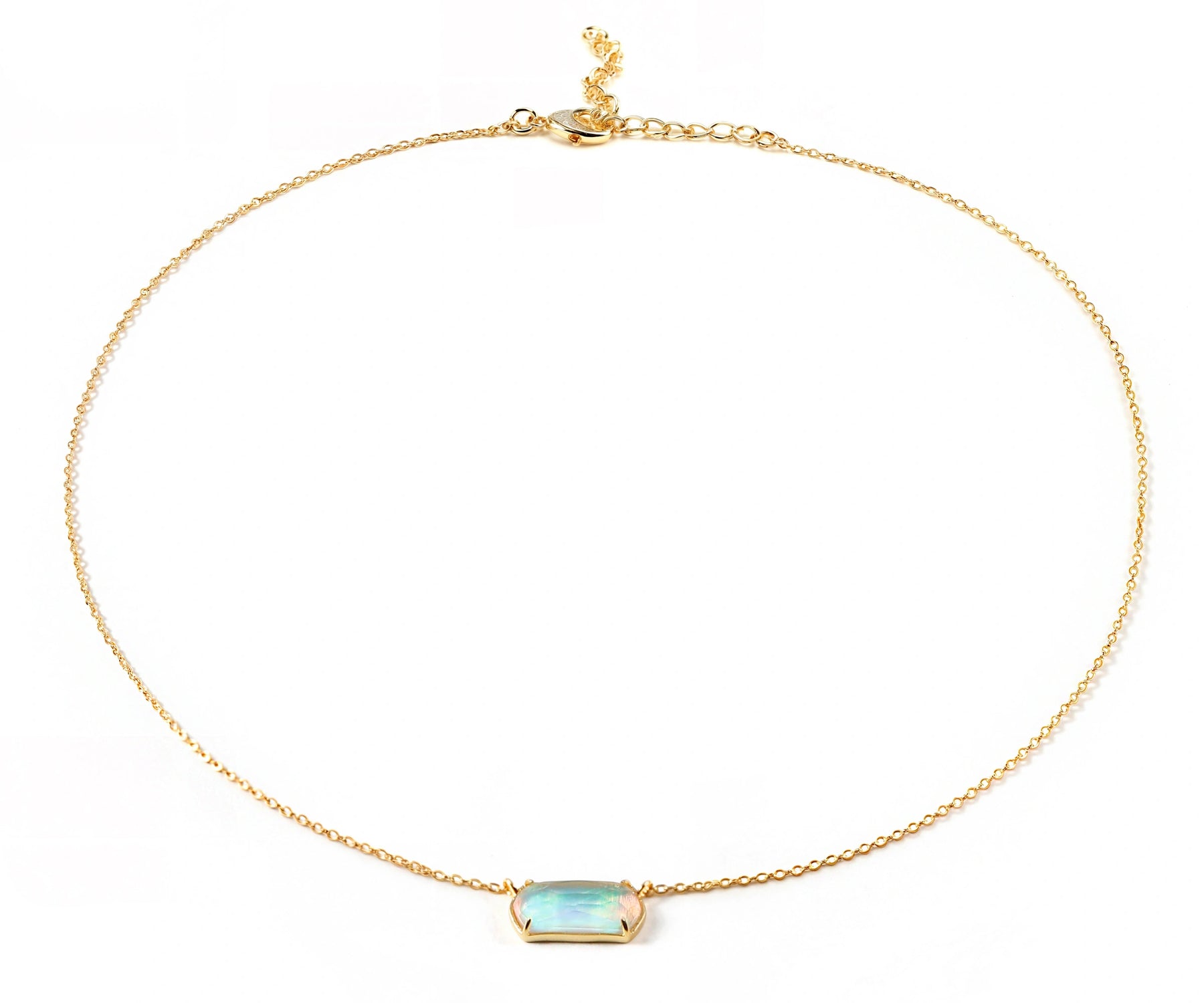 Elegant Aurora Opal necklace on 18K gold-plated chain.