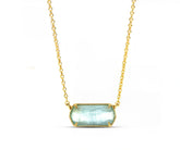 A 18k gold necklace with a blue pendant.